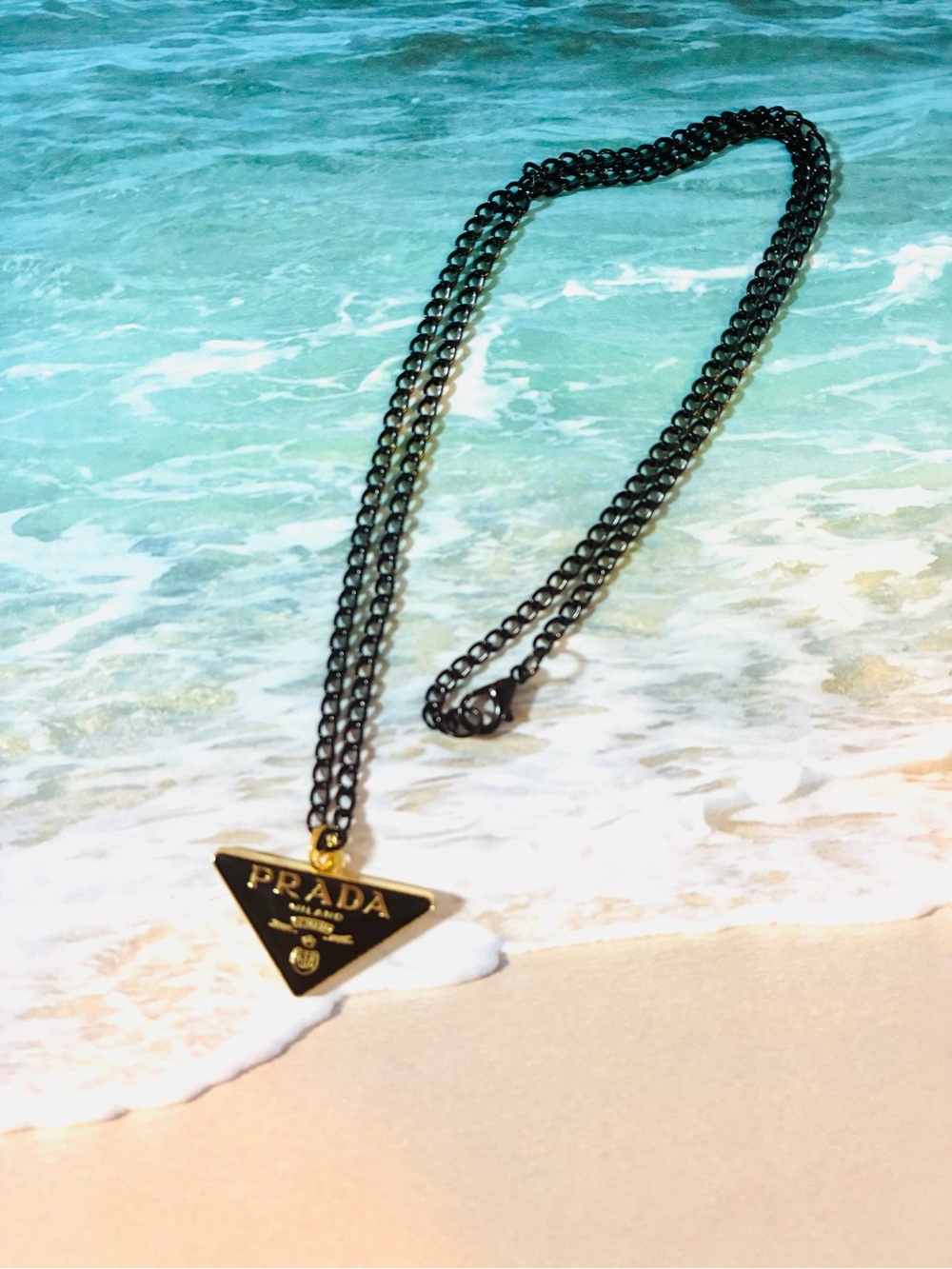 Unbranded Black Chain Necklace with Gold Triangle Logo Pendant